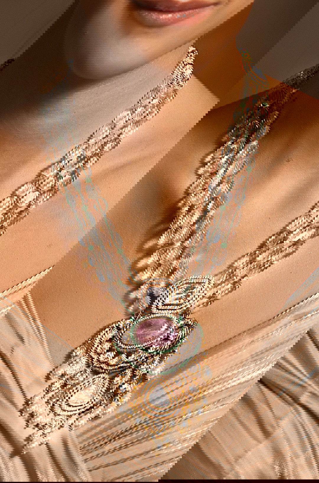 Delicate Golden, Pink, Green Necklace