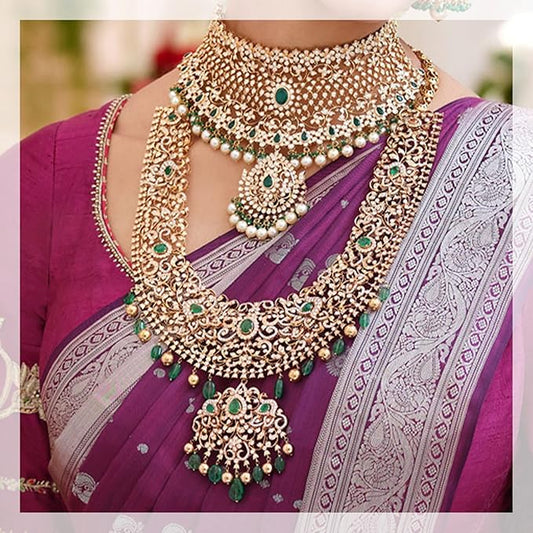 Diamond look statement necklace with Green stones. DM us for Combo